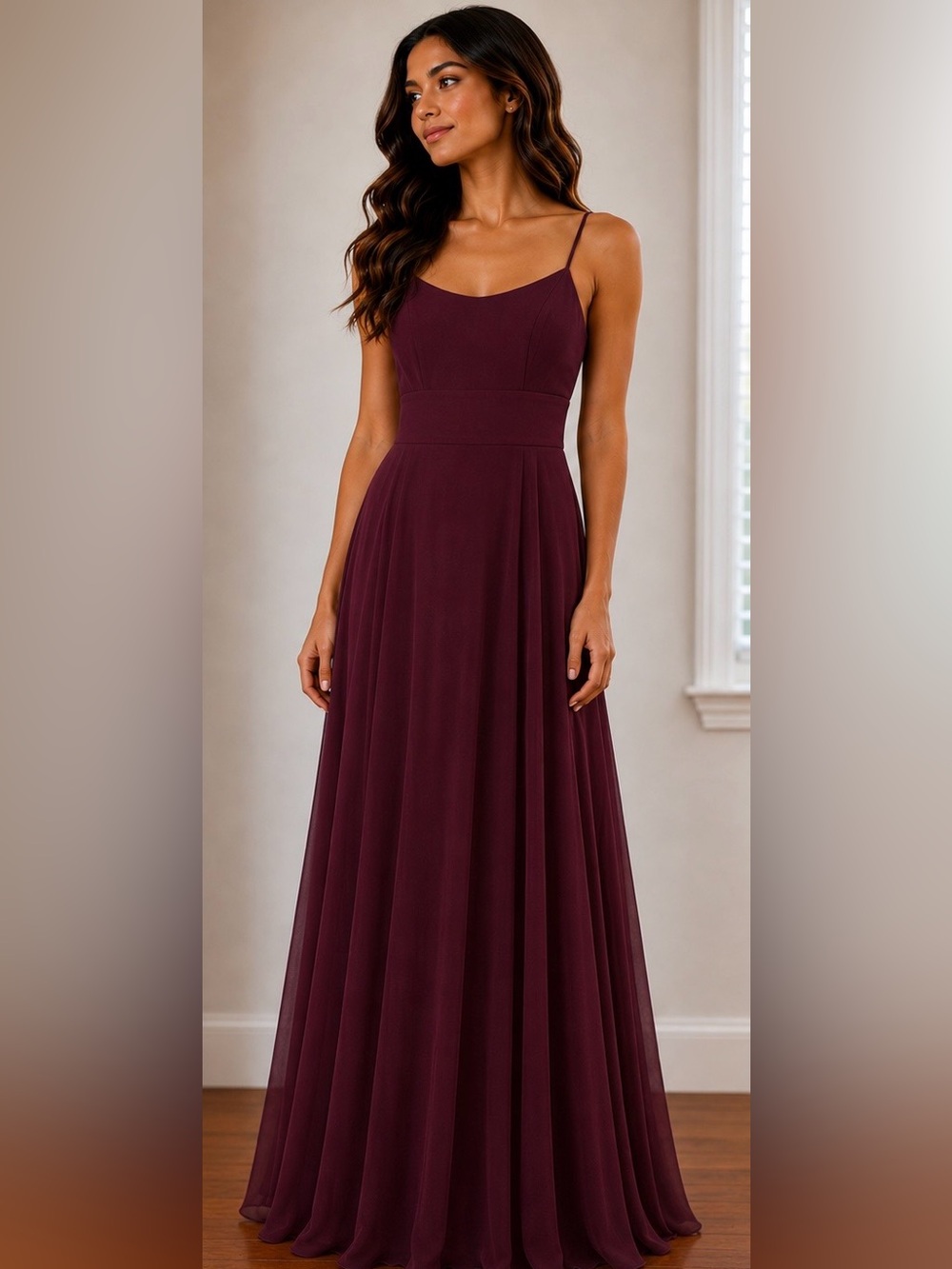 NWT Maniju Wine Burgundy Chiffon Maxi Dress Formal Bridesmaid Gown M
